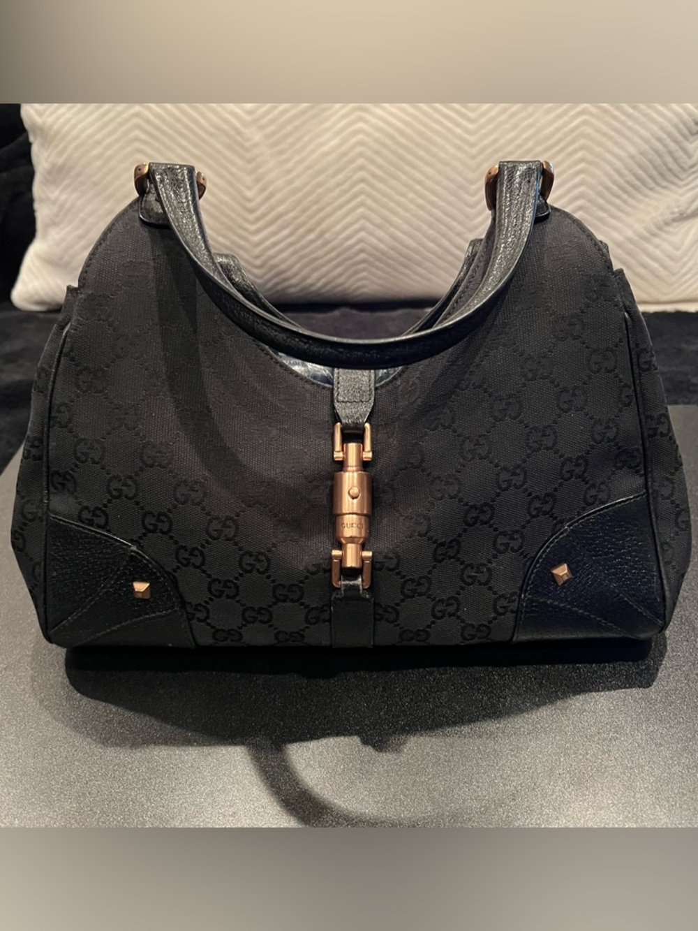 Vintage Gucci Black GG Canvas Nailhead Bardot Hobo